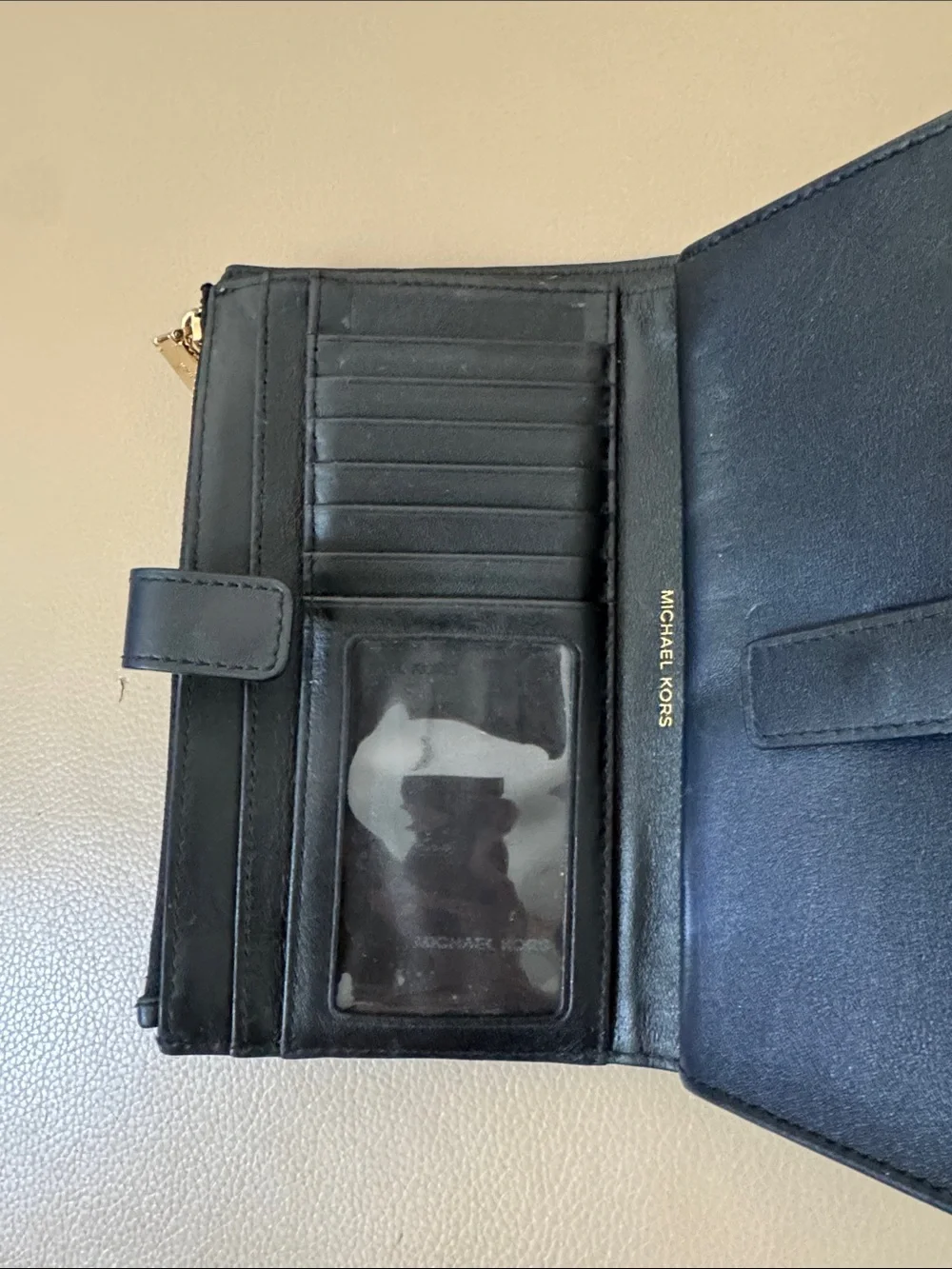 Michael Kors Black Suede & Textured Leather Zip Pouch with Gold Logo